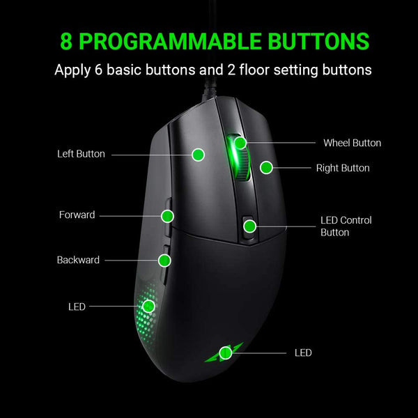 ABKONCORE A660 Gaming Mouse Wired, [10000 DPI] Computer Mice for Laptop with 8 Programmable Buttons, RGB Backlight, Adjustable DPI, Comfortable Grip Mice for Laptop, PC, Mac,Windows 7/8/10